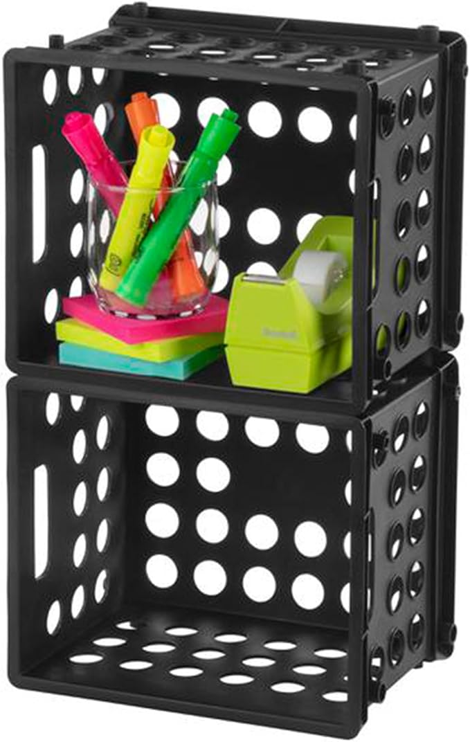 Sterilite Mini Crate, Stackable Plastic Storage Bin with Handles, Organize Home, Garage, Office, School, Dorm Room, Black, 12-Pack