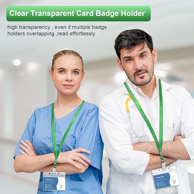 100 Pcs Lanyards for ID Badges and 100 Pcs Clear Name Tag Holders Reusable Lanyard with Clip Plastic ID Card Badge Holder Name Badges for Adults Kids Business School Office Supplies (Green)