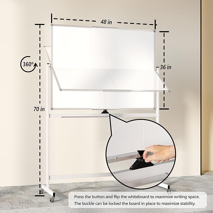 Large Rolling Whiteboard on Wheels, 48" x 36" Double-Sided Mobile White Board with Stand, 4' x 3' Portable Standing Magnetic Dry Erase Board Easel for Home Office Classroom School, Silver