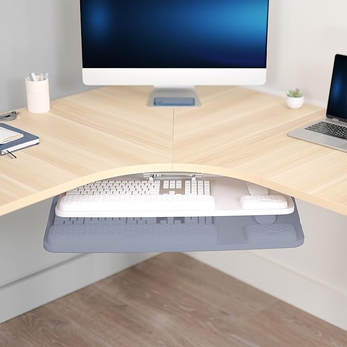 VIVO Premium Adjustable 27 x 11 inch Computer Keyboard and Mouse Platform Tray, Ergonomic Under Table Desk Mount Drawer with Padding, White, MOUNT-KB27P-W