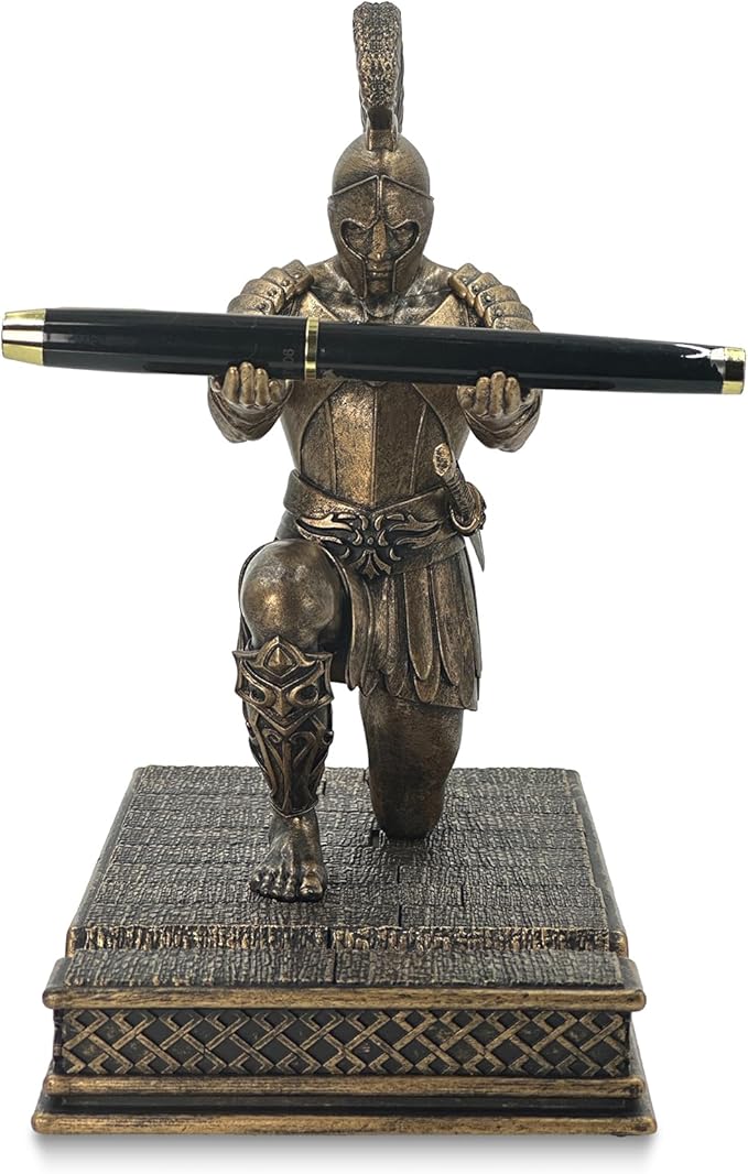 Roman Warrior Pen Holder knight Desktop Organizer and Accessories Resin Pen Holder as Gift with Short Swordfor Office and Home (Antique Bronze)