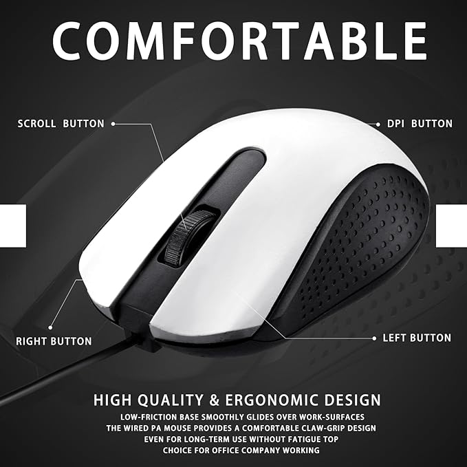 Hoteam 12 Pcs White Wired Computer Mouse Bulk Cord USB Computer Mice Ergonomic Wired Mouse for Pcs, Computers, Laptops, Gaming Office Home Supplies