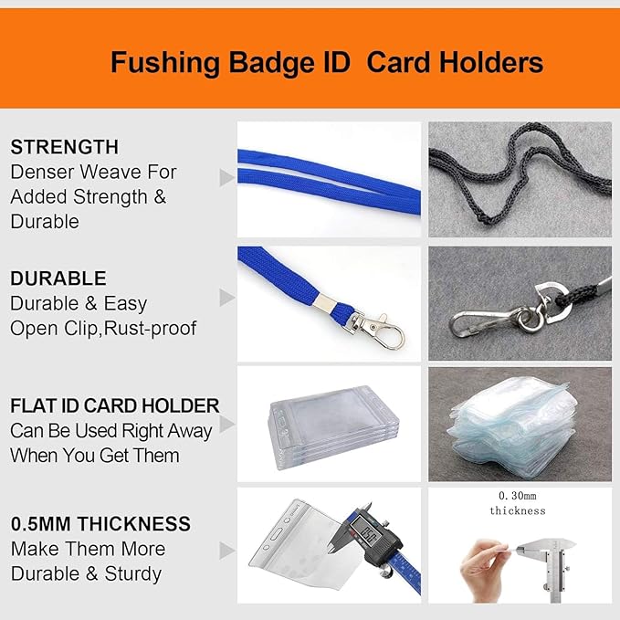 Fushing 50pcs Clear Plastic Vertical Name Tags Badge ID Card Holders and Blue Neck Lanyards with Swivel Hook for School, Festival, Event (M)