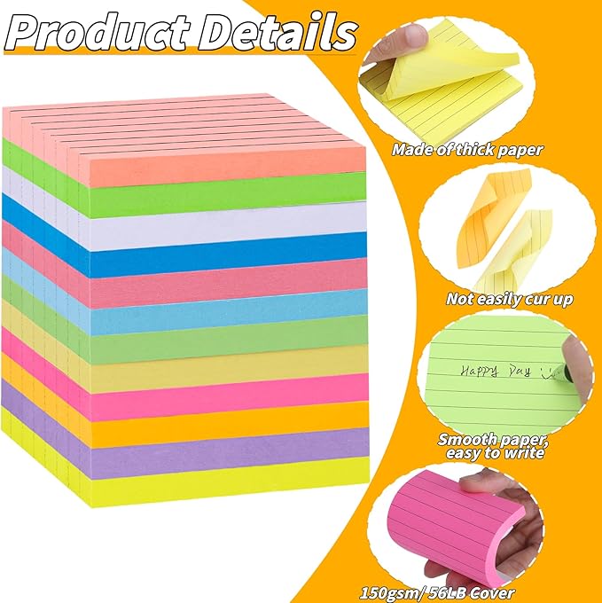 60 PCS Lined Sticky Notes 3x3In Colorful Sticky Notes 75 Sheets/Pad 12 Colors,Bright Ruled Post Stickies Multicolor Memo Note Pads for Teacher Student School Office Meeting Blank Desk Pads,4500 Sheets