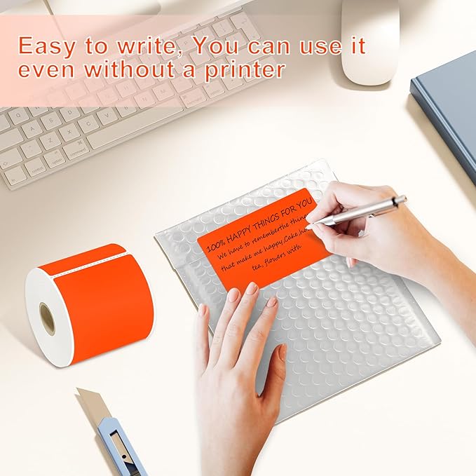 YOULAISHI 3 X 5 Inch Printable Waterproof Rectangle Color Coding Labels, 300 Per Roll Adhesive Color Coding Stickers for Bar-Codes, Address, Small Business Labeling, Fluorescent Orange