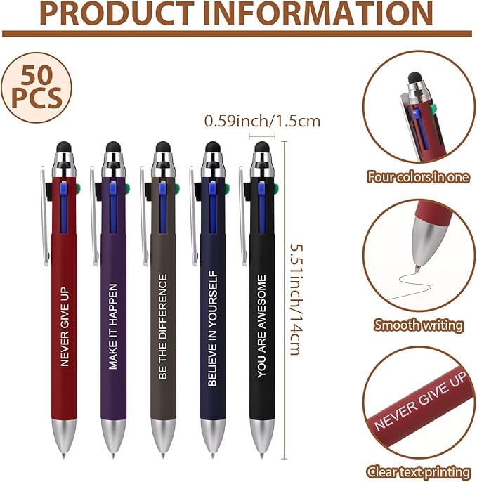 Yexiya 50 Pack 4 Color Retractable Pens Multicolor Ballpoint Pens Bulk 2 in 1 Stylus for Touch Screens Office Nurses Teachers Work Party Favors Gift (Inspirational Quotes)