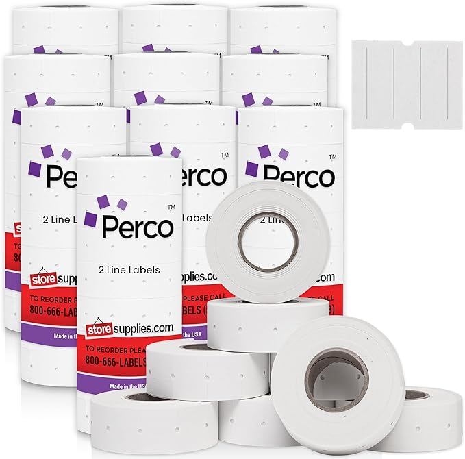 Perco 2 Line Removable Adhesive Labels - 80 Rolls, 10 Sleeves, 60,000 Blank Price and Date Gun Labels for Perco 2 Line Price and Date Guns - Made in USA