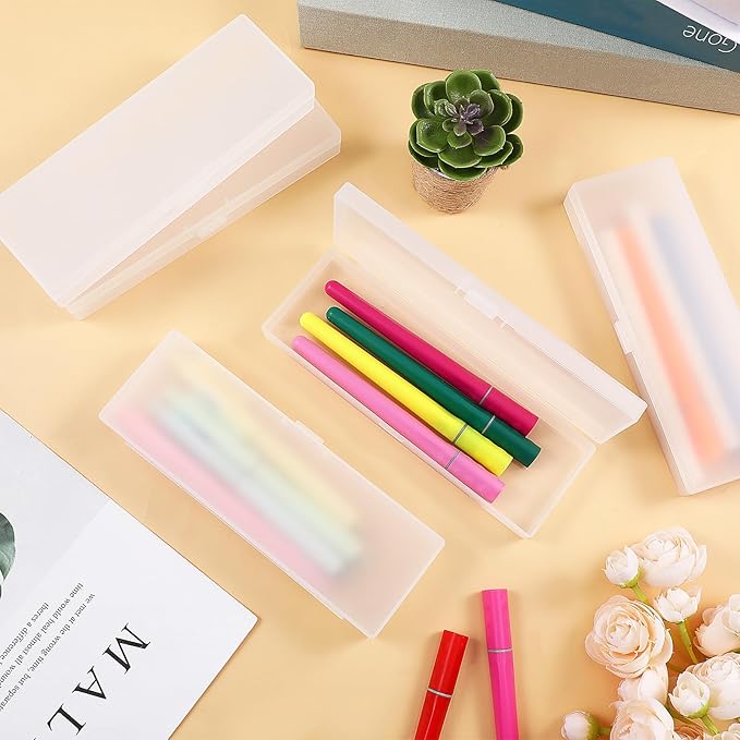 50 Pcs Clear Pencil Boxes Plastic Pencil Cases Bulk Frosted White Pen Storage with Hinged Lid Clear Pen Holder for Office Supplies Organization 7.17 × 2.36 × 0.94 Inch