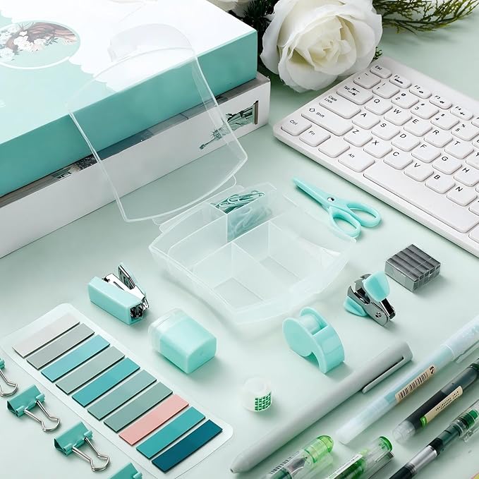 Colarr Mini Office Supply Kit Includes Stapler Tape Dispenser Staple Remover Paper Clips Scissor Staples Pen Sharpener Note Small Telescopic Knife for Office and School Clerk Student (Green)