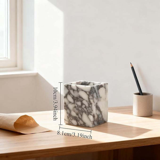 Marble Pen Holder, White Stone Rectangular Desktop Organizer, Office Study Makeup Brush Storage, Home Desk Decor, Minimalist Design, Durable Marble Accessory