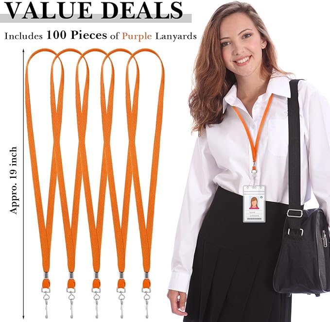 Epakh 100 Pcs Orange Lanyards Bulk for ID Badges Bulk Assorted Color Flat Badge Neck Lanyard with Swivel J Hook Clip for Student Teacher