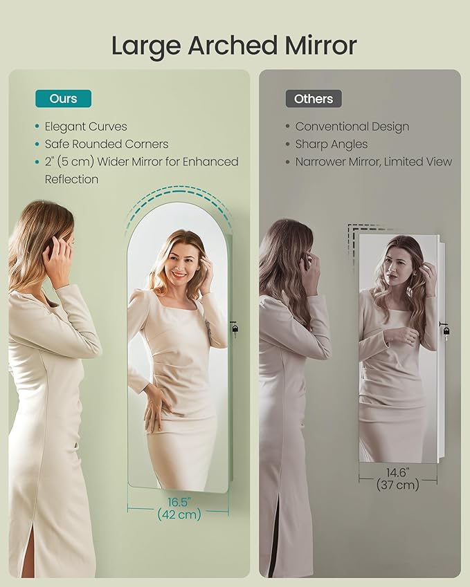 SONGMICS Wide Jewelry Organizer, LED Jewelry Cabinet Wall/Door Mounted, Arched Mirror with Storage, Lockable, Rounded Corner, Interior Mirror, 3.9 x 16.5 x 42.5 Inches, Laurel Green UJJC020C01S