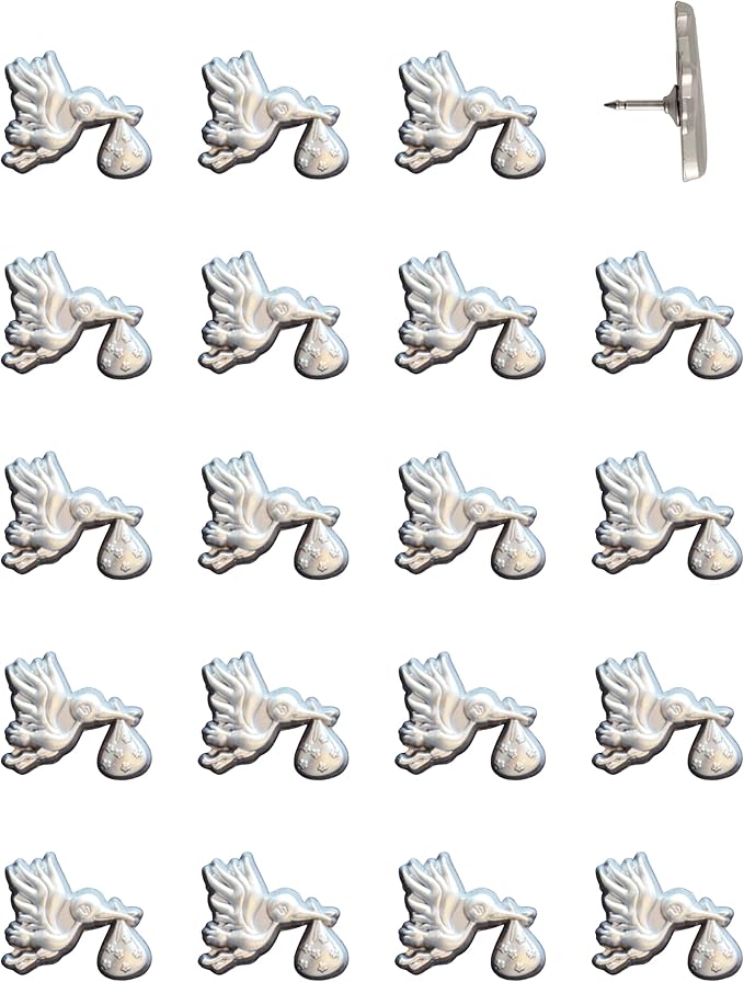 Stork Carrying Baby Map Pins - Silver Stork Pins for Cork Boards, Maps, or Lapel Use - Designed in USA - Set of 20