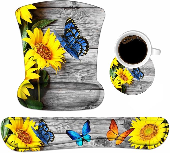 Keyboard Wrist Rest and Mouse Pad Wrist Support Set with Coasters, Non-Slip PU Base Ergonomic Gaming Mousepad for Home Office Working Studying Easy Typing & Pain Relief - Sunflower and Butterfly