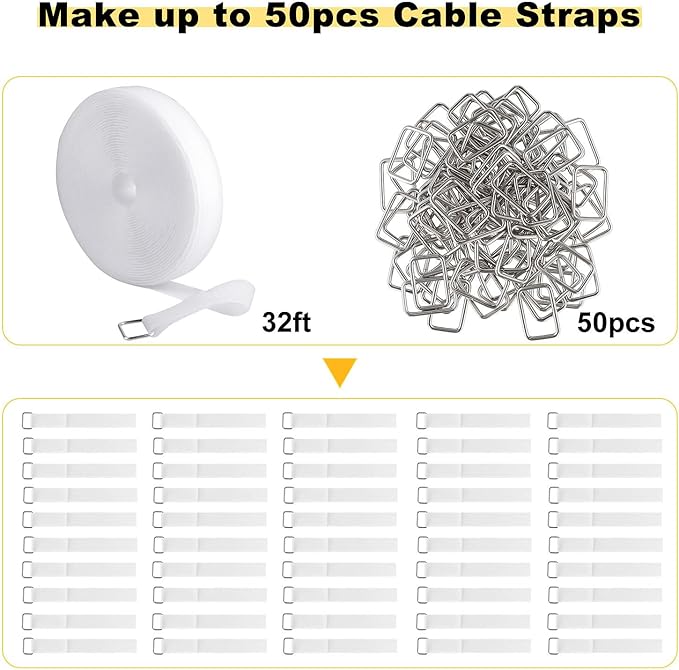 1"x32ft Hook and Loop Straps with 50 Metal Buckles, Adjustable Fastening Cable Straps, Cut-to-Length Cinch Strap, Reusable Nylon Securing Cord Ties for Organizer or Storage, 1 inch Wide, White