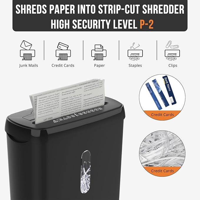 10-Sheet Strip Cut Paper Shredder, P-2 Security Level for Home Office, 3.17 Gallon Bin, Shreds CDs & Credit Cards, ETL Certified, Black