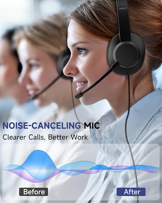AOC USB Headset with Microphone for PC, Over-Ear Wired Headphones with Mic, Noise-Cancelling Boom, 40mm Audio Drivers, USB-A/C Compatibility for Office, Call Centers & Online Meetings (Black)