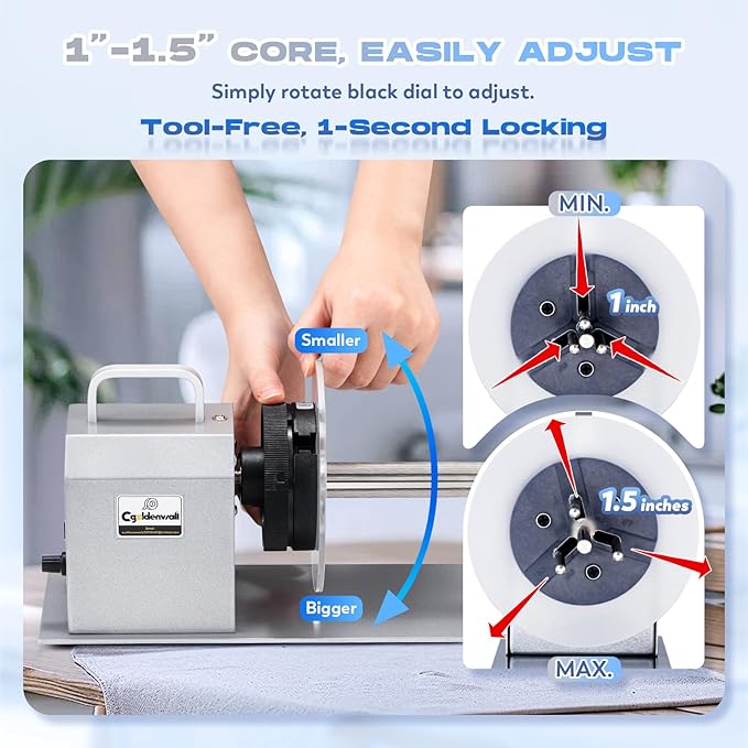 CGOLDENWALL Compact Quiet Automatic Label Rewinder, 1-12"/s Bidirectional Rewind, Coreless/1-1.5" Core Quick Adjust, Max. Label Dia. 5.5" Width 4.3", Auto Sync with Printer, Space-Saving