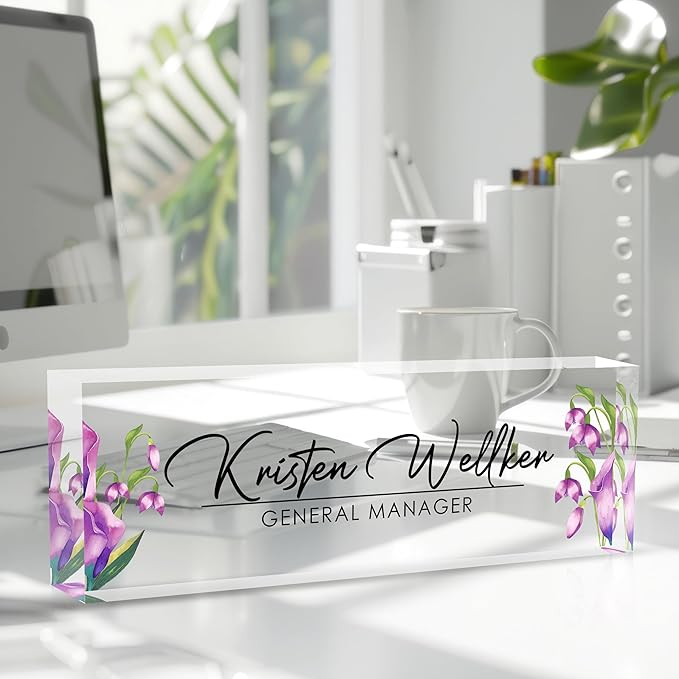 Custom Office Name Plate for Desk, Desk Name Plate Personalized, Personalized Gifts for Women, Appreciation Gifts for Employee Coworkers Boss Teacher, Office Accessories (Purple flower)