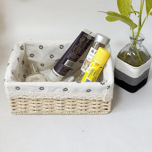 4-Pack Handmade Beige Woven Paper Rope Storage Baskets with Inner Handles & Removable Liners, Rectangular Organizers for Drawers, Shelves & Closets, Decorative Small Storage Bins