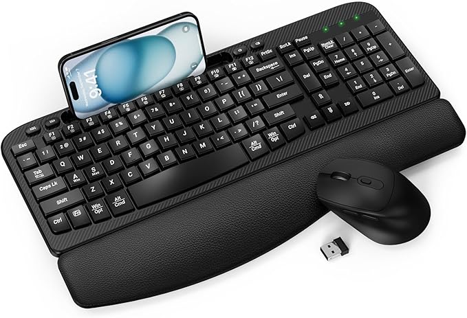 Wireless Keyboard and Mouse Combo, Wave Keys Full-Sized Ergonomic Keyboard with Cushioned Plam Rest, Phone Holder, Comfortable Natural Typing, 2.4G Cordless Set for Computer, Laptop, PC, Mac, Windows