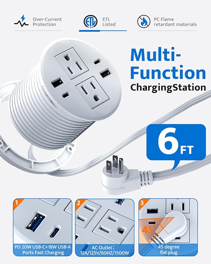 3 inch Recessed Power Grommet with AC Outlets, 20W USB C Fast Charging Conference Recessed Outlet, 40W Total, Flush Mount for Desk,Office Tables,Furniture, 4 USB Ports, White