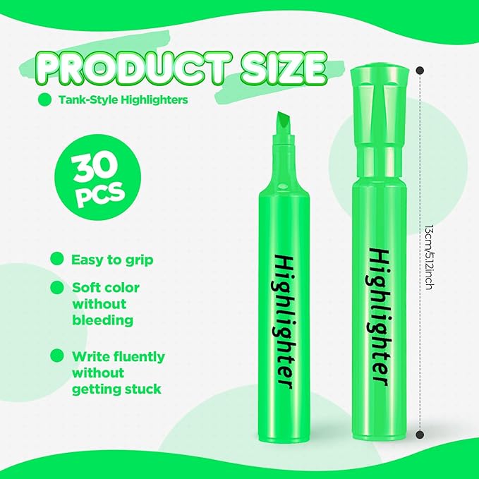 Qilery 30 Pack Highlighters Bulk, Tank Style Chisel Tip Highlighters Markers Pack Quick Drying for Adult Coloring, Home Office Supplies (Green)