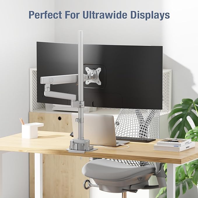 AVLT Single 40 Inch Monitor Arm Pole Top Mount with USB-C USB-A Ports-Gray, Supports 26.4 lbs (12kg), Ultrawide Screen fit, VESA Compatible, Tilt, Swivel, Rotate, Ergonomic Adjustable Height, Durable