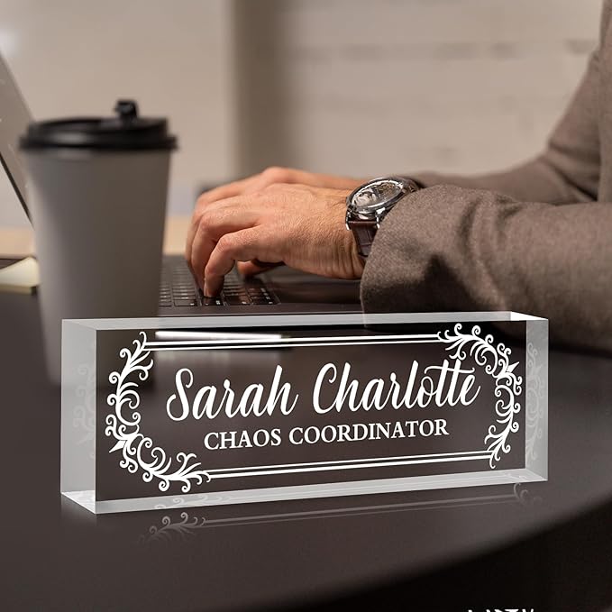 Custom Name Plate for Desk, Personalized Desk Name Plate on Clear Acrylic Glass, Appreciation Gifts for Teacher Employee Boss Coworkers Nurse, Office Desktop Accessories for Women Men (Engraved Thorn)