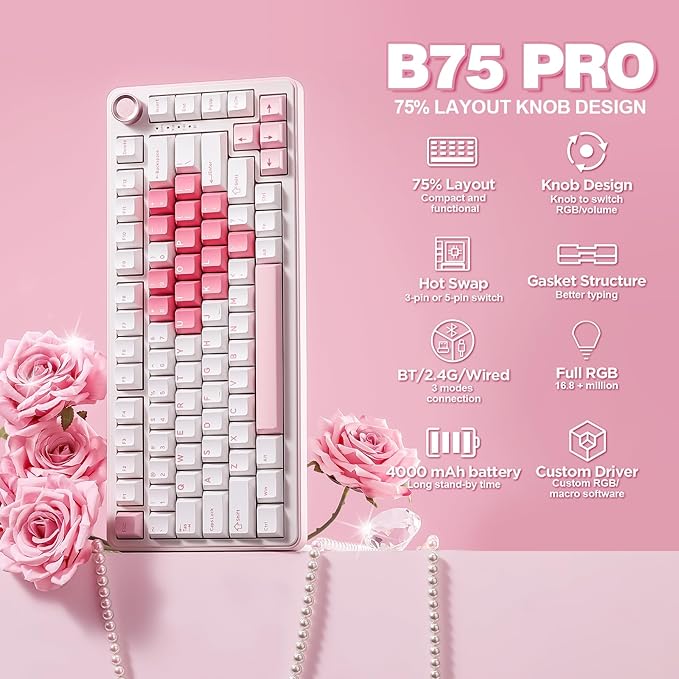 YUNZII B75 PRO Wireless Mechanical Keyboard,75% Layout with Knob,Hot Swap Gasket Structure,Creamy Pre-lubed Switches,RGB Backlit,Bluetooth/Type-C/2.4G for Win/Mac (White, Cocoa Cream V2 Switch)