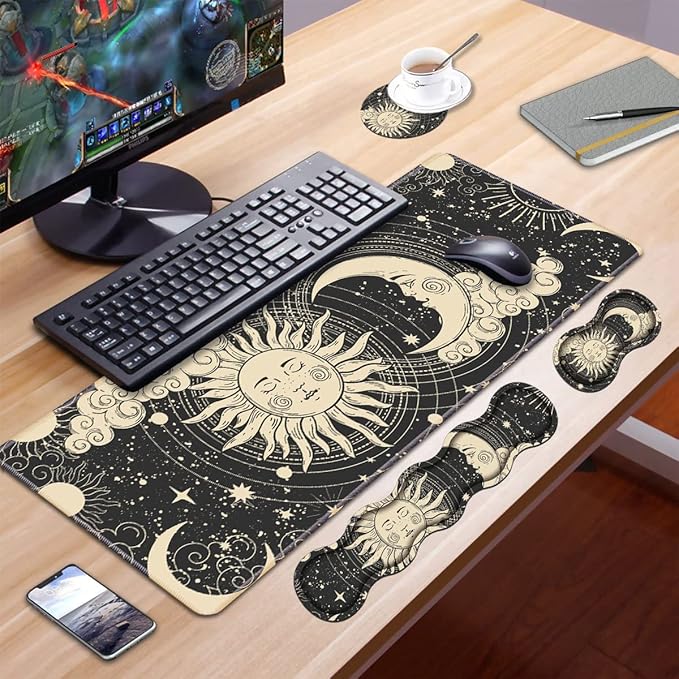 Ergonomic Keyboard Wrist Rest and Mouse Pad Wrist Rest Set, Extended XXL Gaming Mouse Pad 31.5"x 11.8", Non-Slip Base, Memory Foam, Easy Typing Pain Relief, Celestial Theme Sun with Crescent Moon