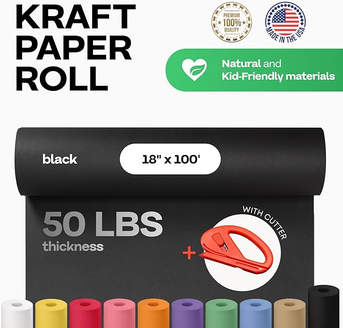 Black Kraft Paper Roll 18" x 1200" (100 feet) with Cutter - USA-Made Gift Wrapping Paper for Packing, Moving, Shipping & Crafts/Arts - 100% Recyclable Natural Craft Material by IDL Packaging