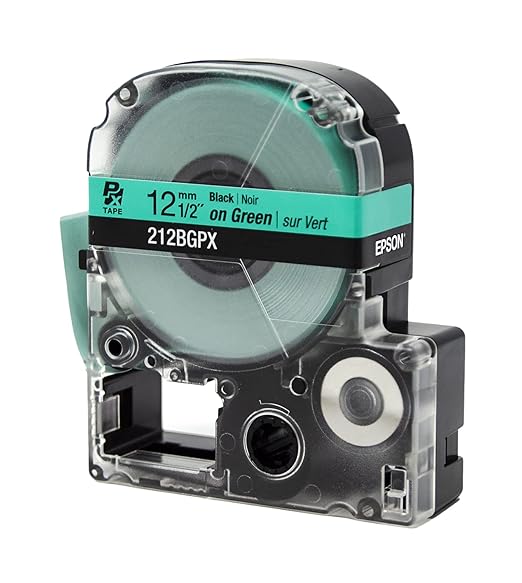Epson LABELWORKS 212BGPX Genuine PET (Polyester) Tape Cartridge - Black on Green Label Maker Tape - 1/2" (12MM) Wide, 30'