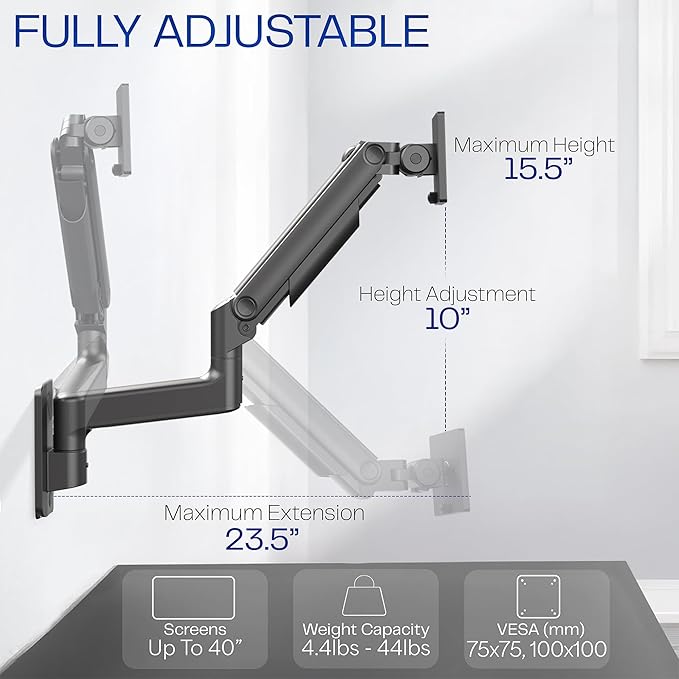 VIVO Premium Ultrawide Monitor Counterbalance Wall Mount for 40 inch Screens up to 44 lbs, Full Motion, Max VESA 100x100, Black, MOUNT-V100E