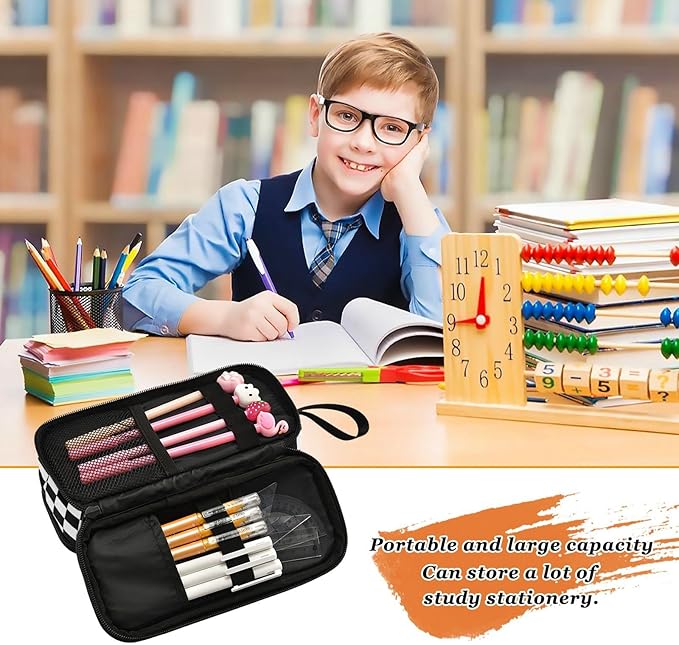 Black White Checkered Pencil Case Box Boys Girls Large Pencil Pouch Zipper Compartments Big Capacity Stationery Pen Bag Organizer for Kids Teens Adults School