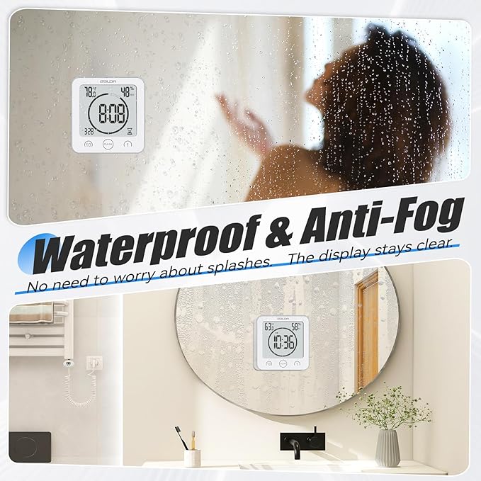 Baldr Shower Clock Waterproof Bathroom Clock with Timer/Temperature/Humidity, Digital Timers for Kids and Adults, Bath Kitchen Study, White