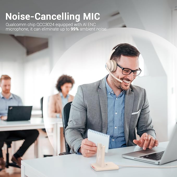 JIAMQISHI Bluetooth Headset - Wireless Headset with Noise Cancelling Microphone, V5.2 Computer Headphones with USB Dongle, Charging Base & Mic Mute for Work/Call Center/PC/Laptop/Online Class/Zoom