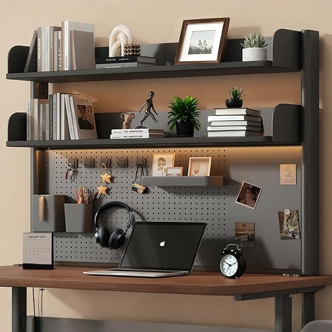 Clamp On Desk Shelf Desktop Hutch Bookshelf Desk Organizer Storage Shelves with Pegboard DIY Display Stand Adjustable Space-Saving Suitable for Dormitories,Studies,Offices,Workbenches