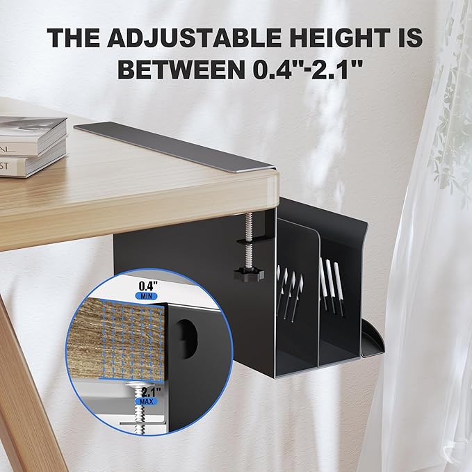 Litwaro Desk Side Storage Organizer, 2 Tier Laptop Holder Clamp on Desk Organizer, No Drill Laptop Mount with Magnetic Pen Holder, Hanging Desk Organizer Fits Flat Edge Table 0.4" to 2.1" (Black)