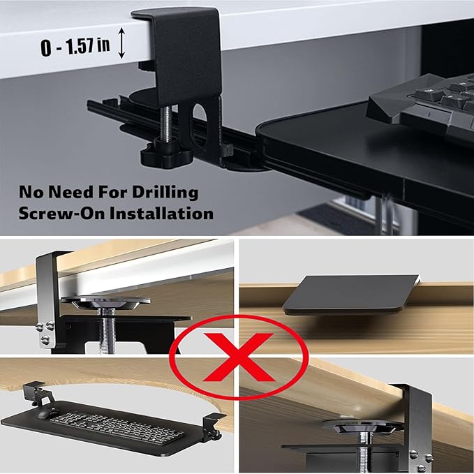 Large Keyboard Tray That Slides Out from Under The Desk, Pull Out with Adjustable C-clamp, 25.6 (31.5 Including Clamps) x 9.8 Inch Computer Keyboard Drawer Mouse Tray for Typing, Black