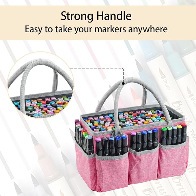 Marker Organizer Bag with Multiple Pockets, Marker Case for Art Storage Paint Markers, Paint Brushes, Coloring Books, Other Art Supplies, Pink