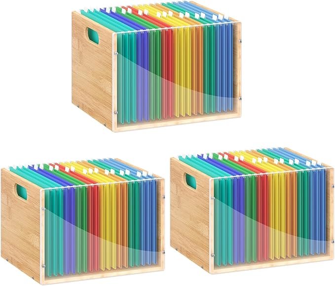 3 Pack Hanging File Organizer, Clear Acrylic File Box Organizer, Bamboo Filing Box File Crate Organizer Storage Boxes, Portable Filing Organizer with Handle for Letter Size