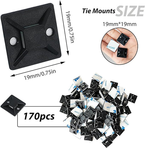 340 Pcs Self Adhesive Cable Zip Tie Mounts Set | 170 Pcs Cable Tie Mounting Base,3/4" | 170 Pcs Zip Ties,8" | Black,Cable Clip,Wire Management Clips,Wall Ties Fixing Mount,Wire Holders for Cables