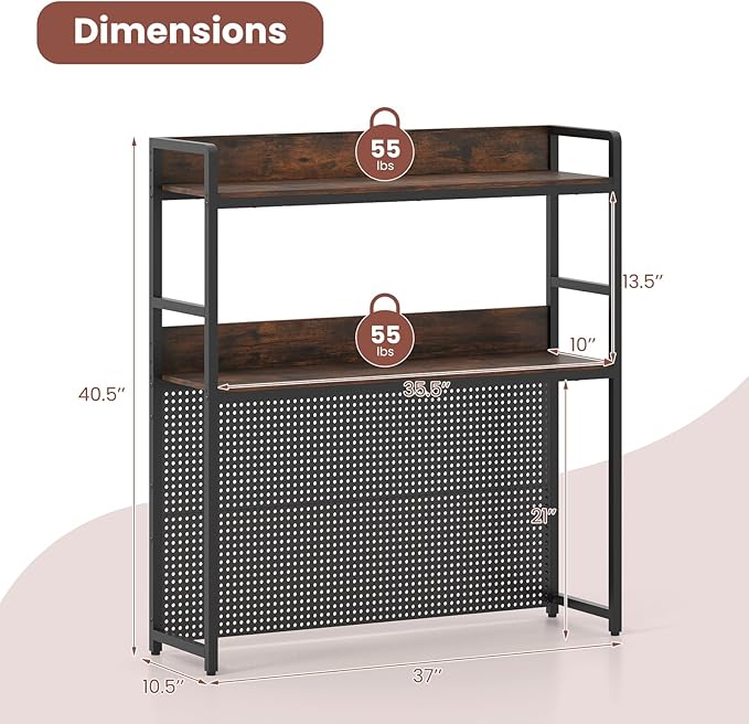 Tangkula Desktop Bookshelf, Multipurpose 2-Tier Desk Hutch with Pegboard, Industrial Countertop Storage Organizer Rack for up to 32" Computer Monitor, Hutch for Dorm Home Office (Rustic Brown)