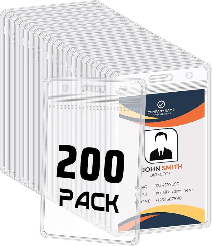 BESARME 200 Pack Vertical ID Card Badge Holder Clear Plastic Sealable Waterproof Zip Name Tag for Work Office Nurse School