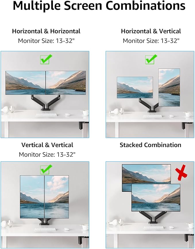 MOUNTUP Dual Monitor Stand for Desk, Monitor Arms for 2 Monitors 32 27 24 22 Inches, Height Adjustable Double Monitor Mount, VESA Mount with C-Clamp & Grommet Base, Holds 4.4-17.6lbs, Black