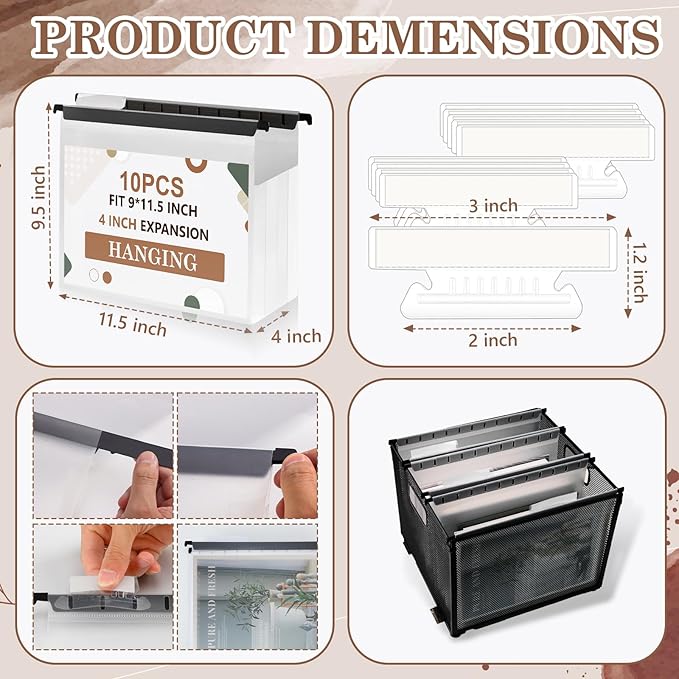 10 Pack Extra Capacity Hanging File Folder Plastic Letter Size Filing Cabinet Reinforced Hang Folders with Heavy Duty 4 Inch Expansion Black Insert Gasket 8.5” X 14” for Insertable Tabs