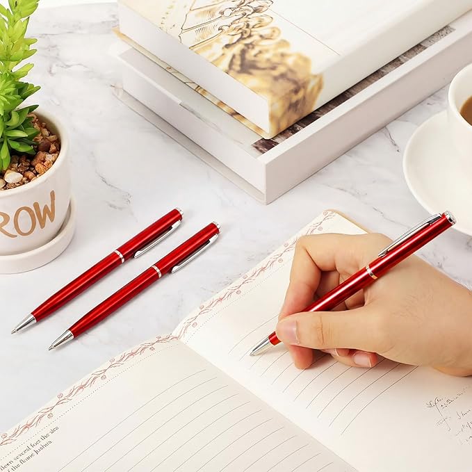 Zonon 15 Pcs Red Metal Slim Ballpoint Pens Bulk Retractable Metallic Black Ink 1 mm Medium Point Smooth Writing Pens for Wedding Business Office Supplies Students Teachers Men Women Present