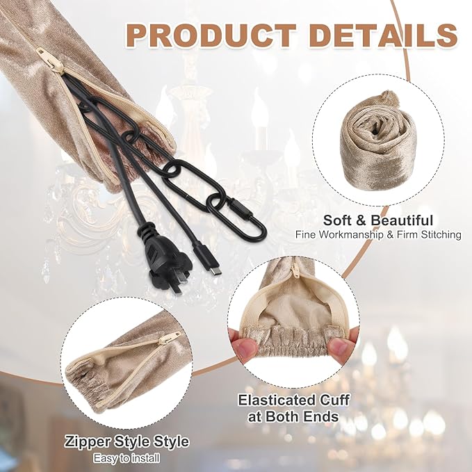 PATIKIL 2.6ft Chandelier Chain Cord Cover, 2 Pcs Velvet Cloth Fabric Chain Sleeve Decorative Cord Covers for Chandelier Wires Swing Cable, Zipper Style, Beige