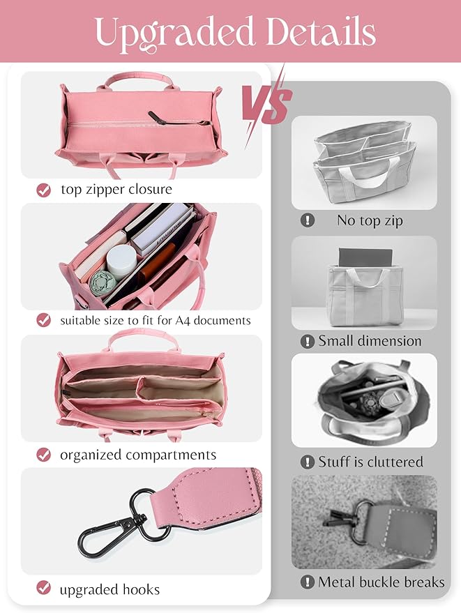 FIORETTO Canvas Tote Bag for Women with Zipper Closure & Individual Compartments for Work College for Teacher & Nurse